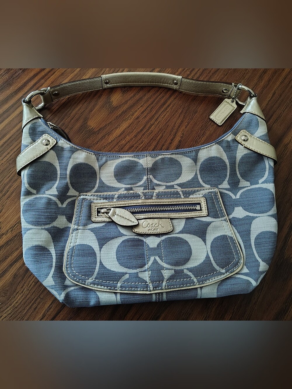 Vintage Coach Blue Signature  Shoulder Bag with Silver Trim (Small)